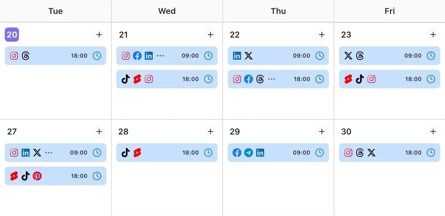 Pubblica calendar with two weeks of scheduled posts, each marked with its networks and time