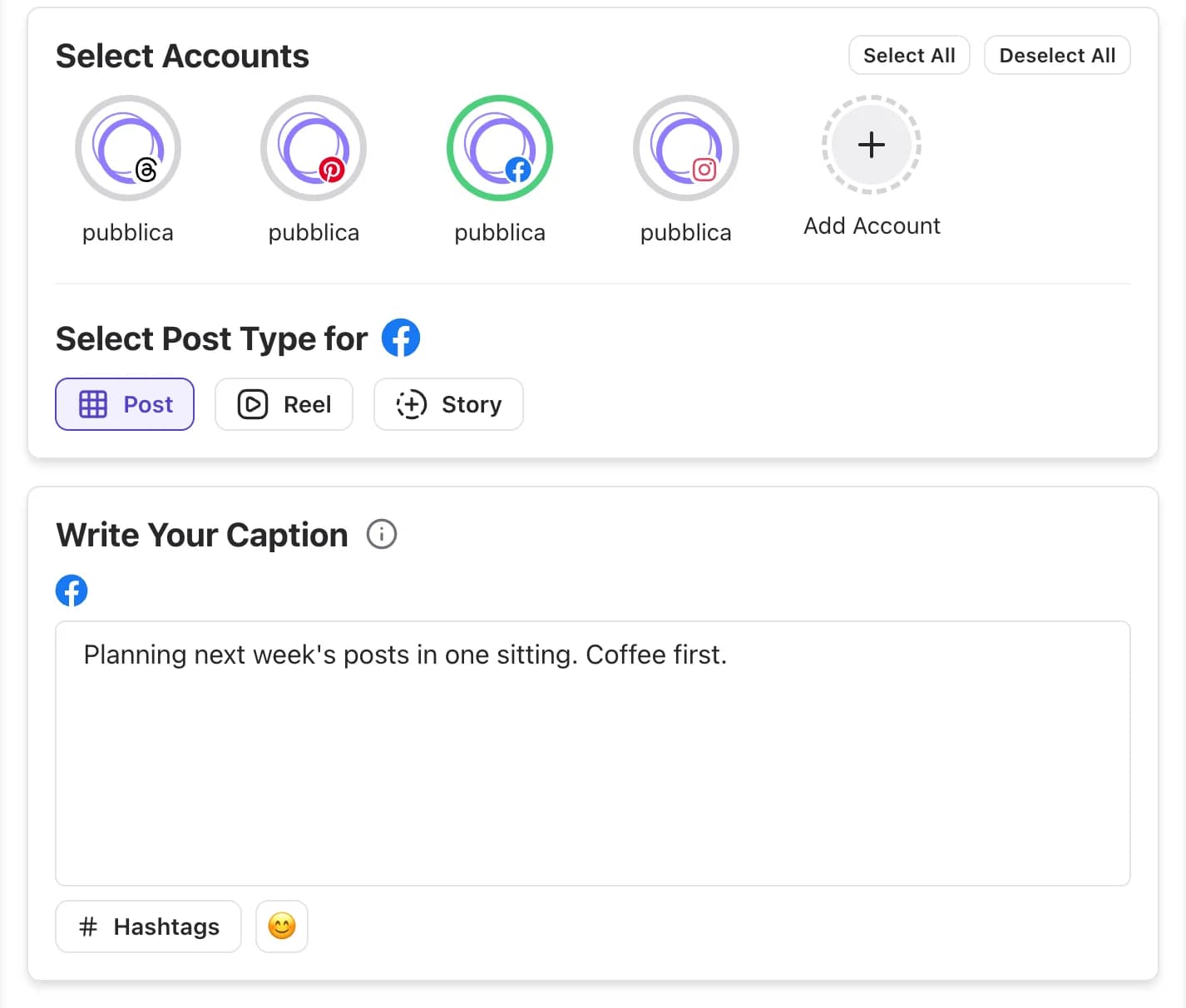 Pubblica composer with a Facebook Page selected and the Post, Reel and Story type selector