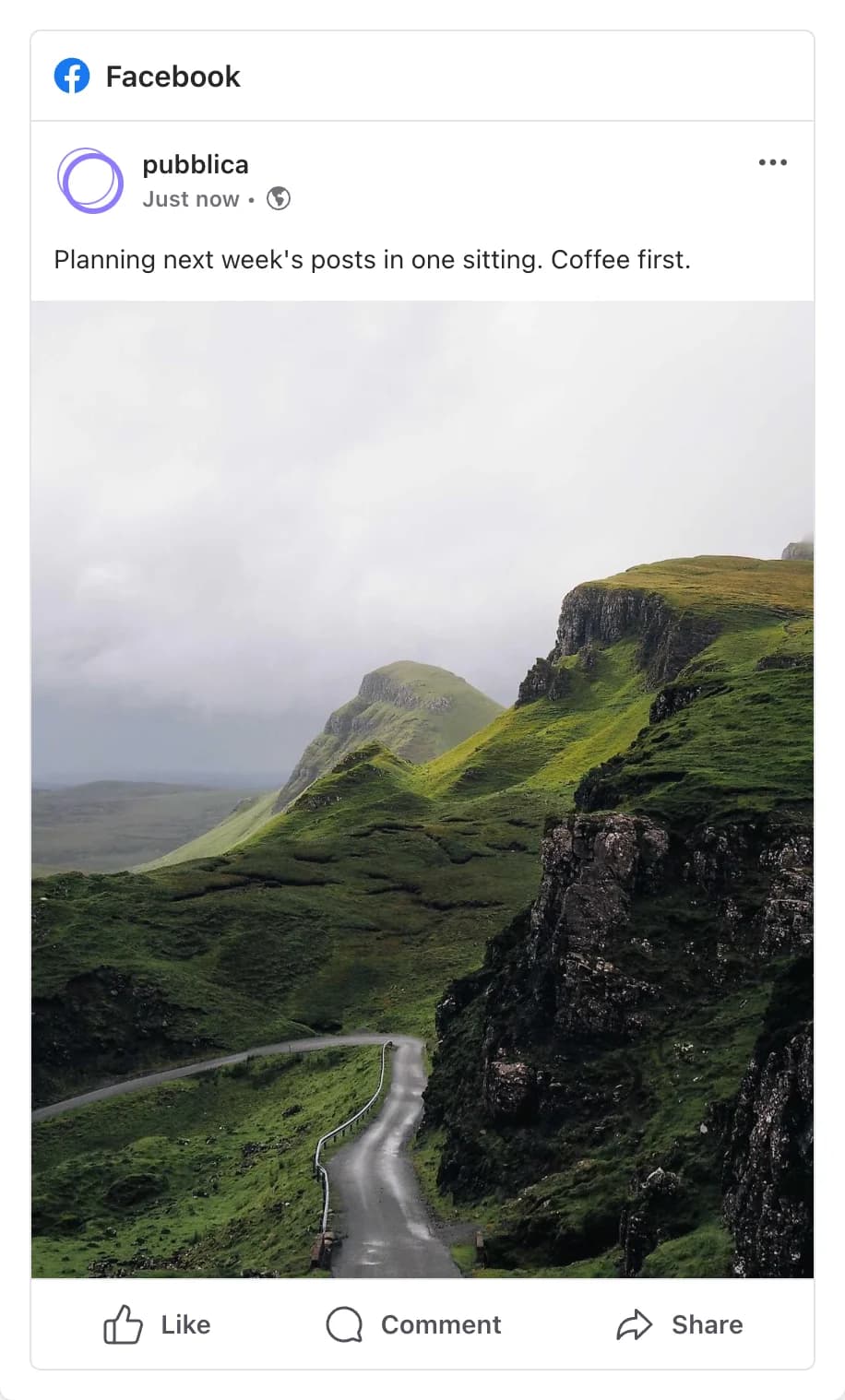 Pubblica preview of a scheduled Facebook Page post with a caption and a photo