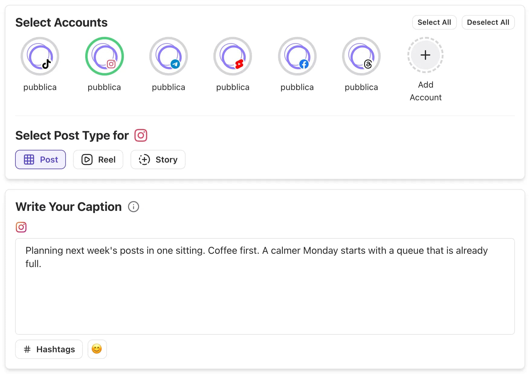Pubblica composer with an Instagram account selected and the Post, Reel and Story type selector