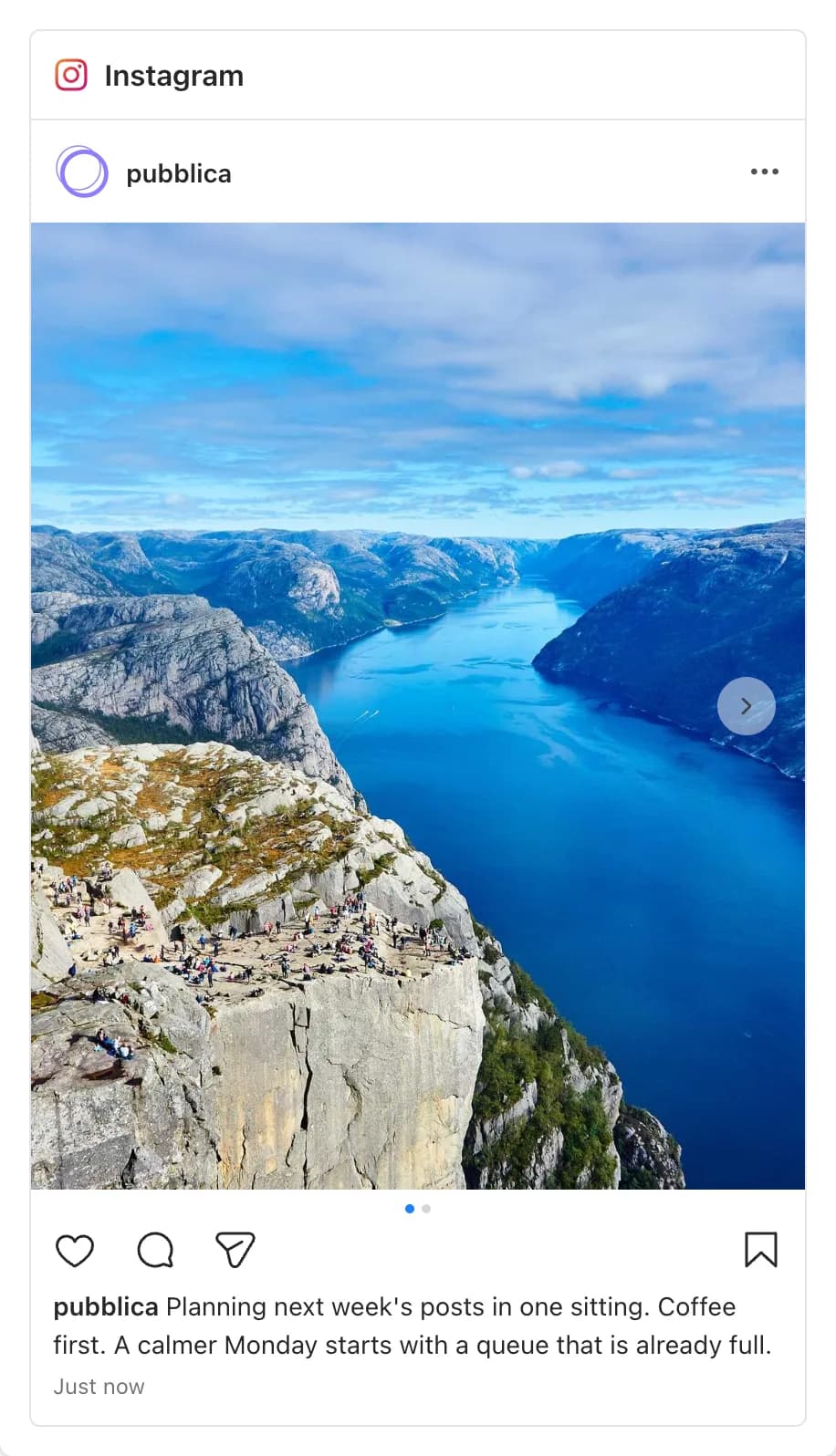 Pubblica preview of a scheduled Instagram carousel post with a caption