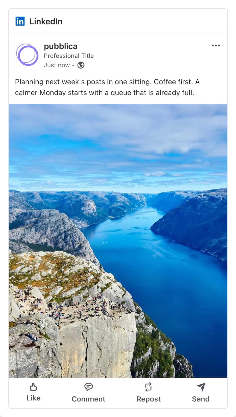 Pubblica preview of a scheduled LinkedIn post with a caption and a photo