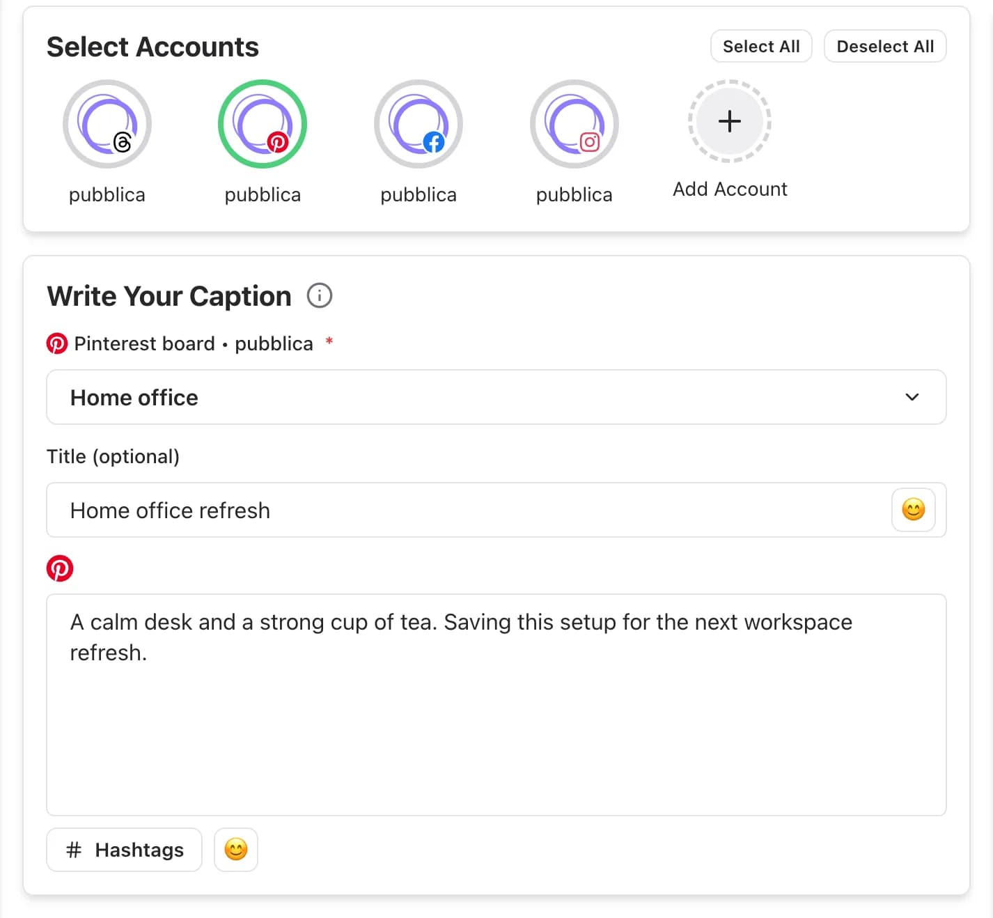 Pubblica composer with a Pinterest account selected, a board picker and a Pin title