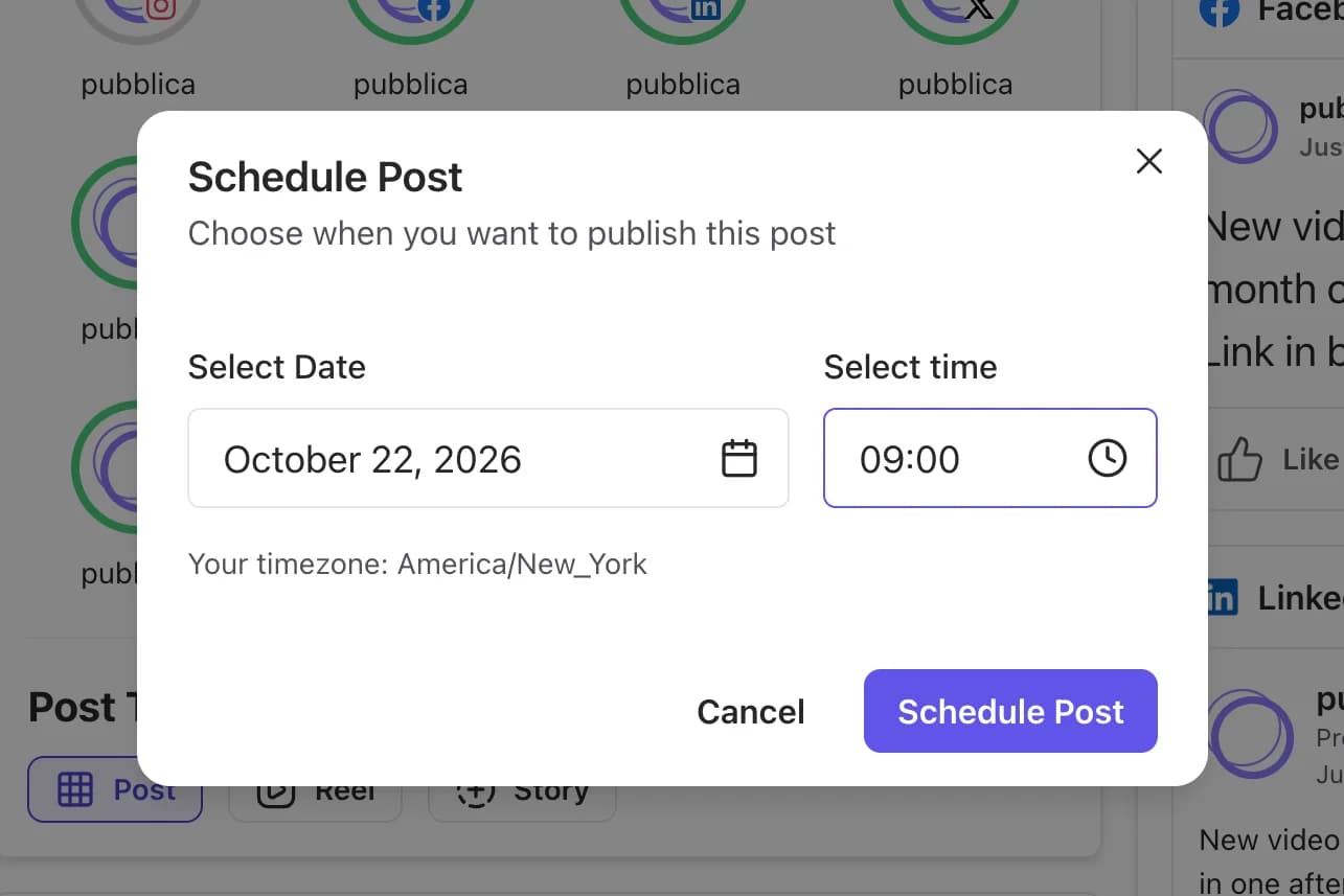 Pubblica schedule window with a date, a time and the user's time zone, next to a post going to several networks