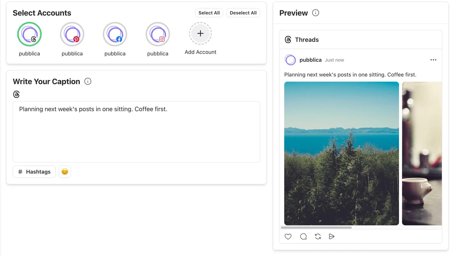 Pubblica composer with a Threads account selected, a caption and the Threads preview