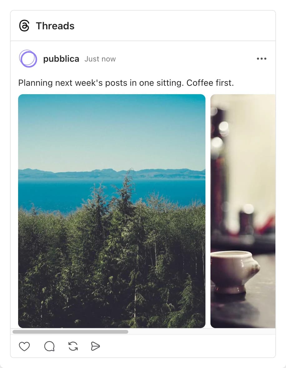 Pubblica preview of a scheduled Threads post with a caption and a photo carousel