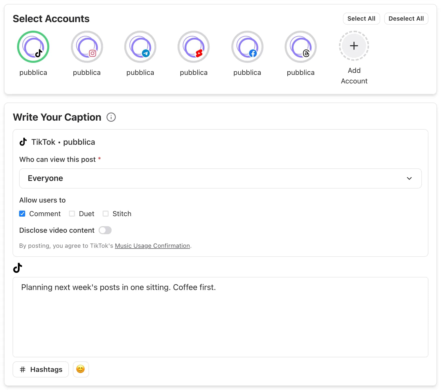 Pubblica composer with a TikTok account selected, the Who can view this post setting and Comment, Duet and Stitch options