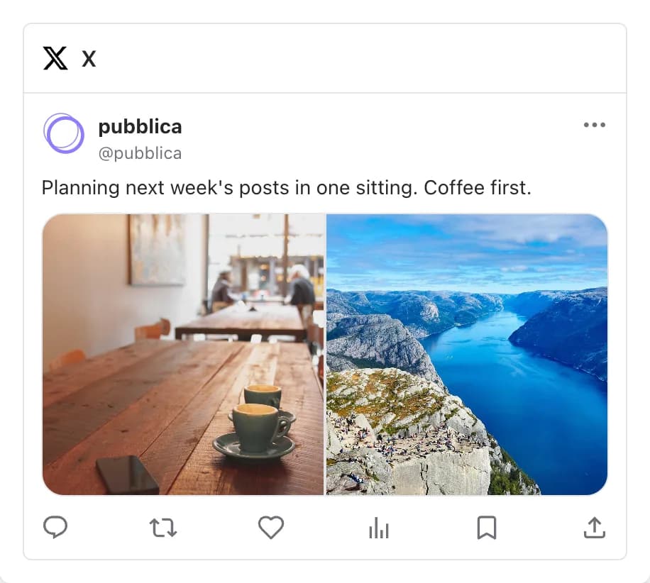 Pubblica preview of a scheduled X post with a caption and two photos