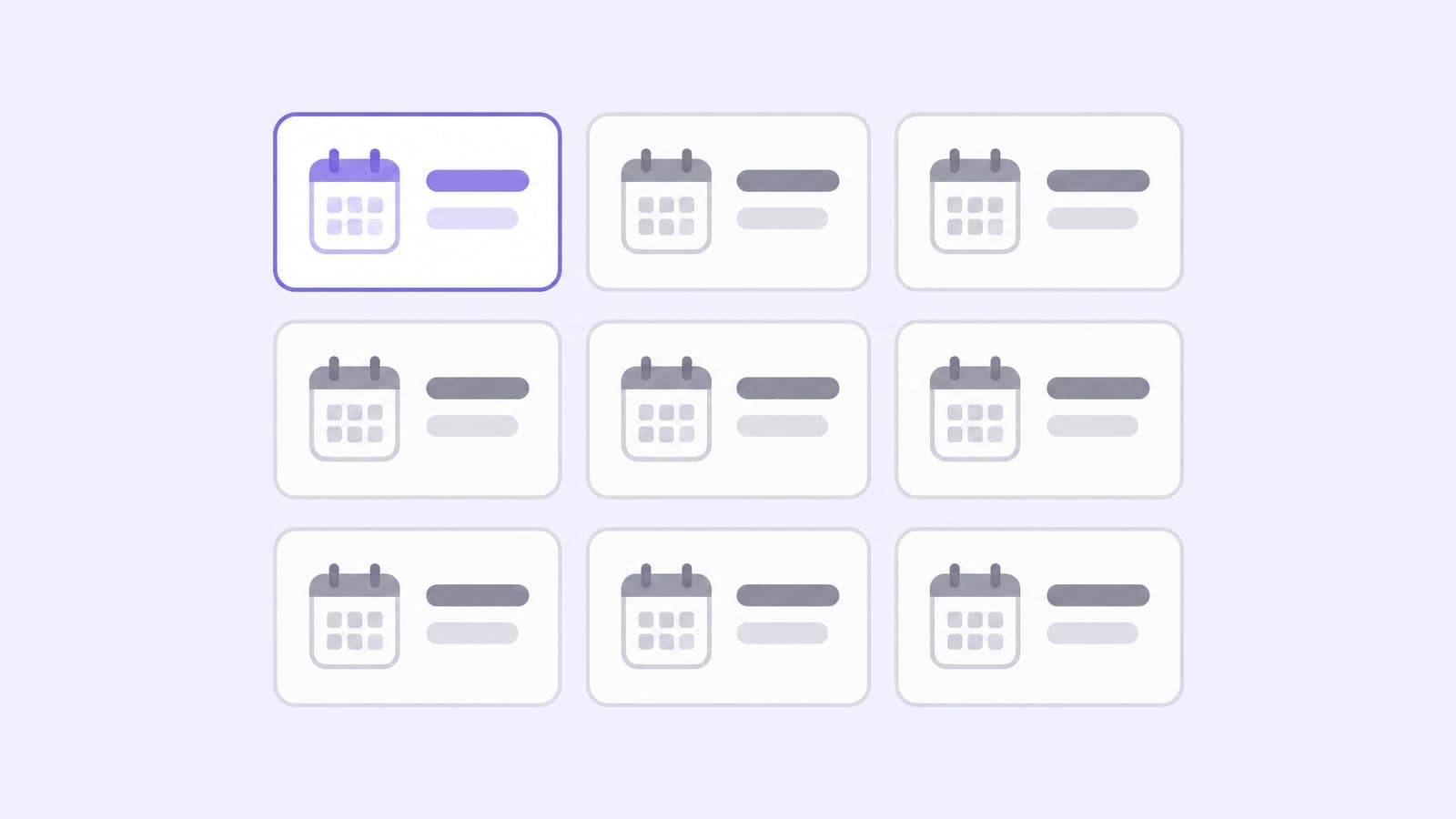 Nine small blank tool cards in a neat grid, one of them outlined in purple