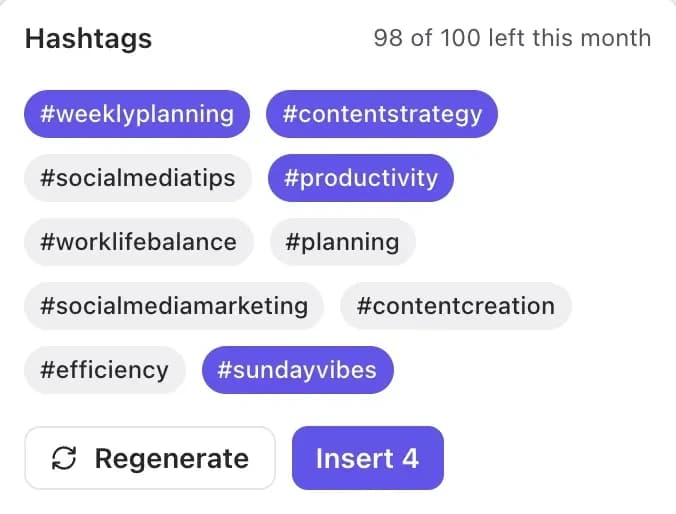 AI hashtag suggestions for a caption, four of them selected