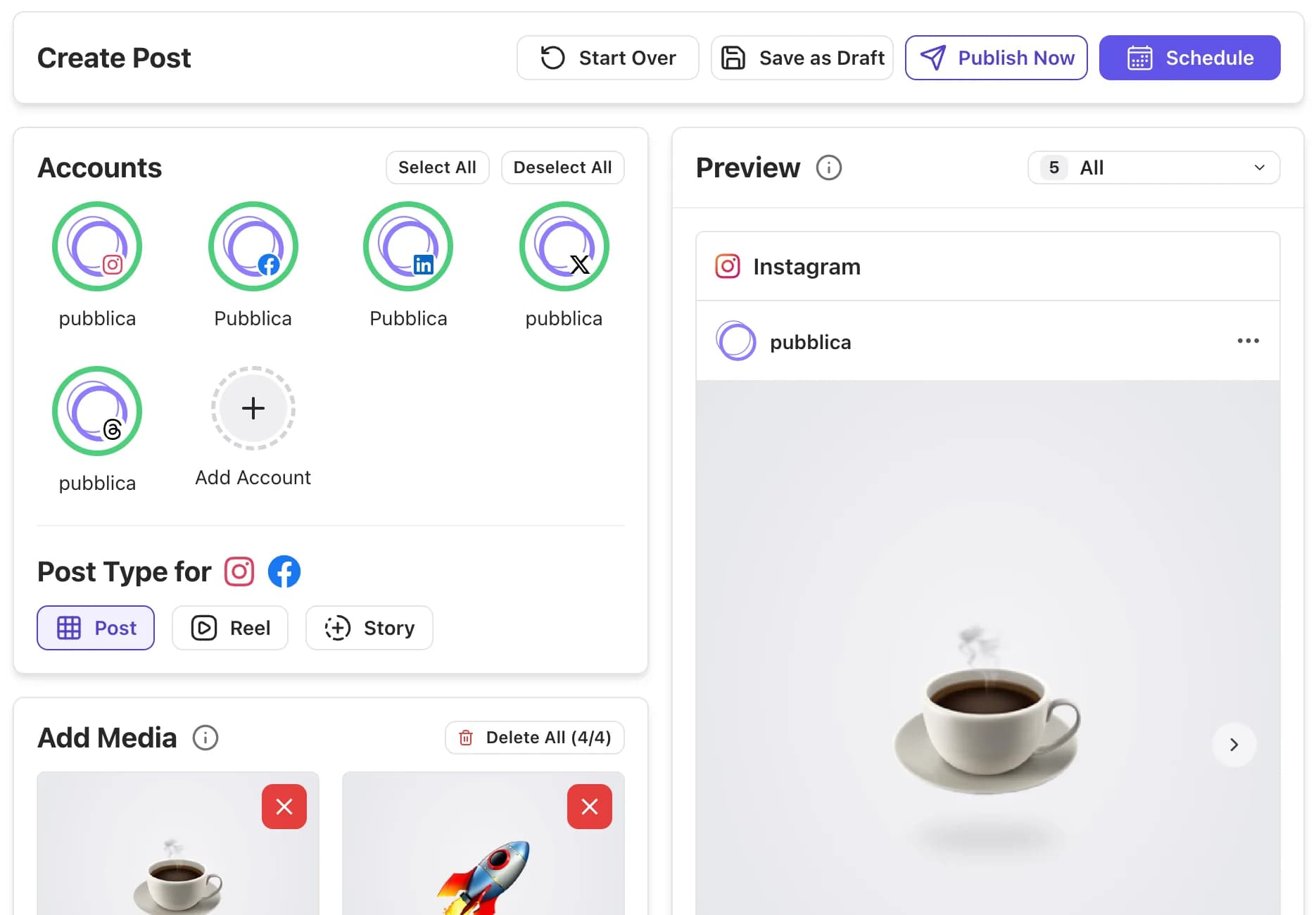 Pubblica post composer with Instagram, Facebook, LinkedIn, X and Threads accounts selected and a live Instagram preview