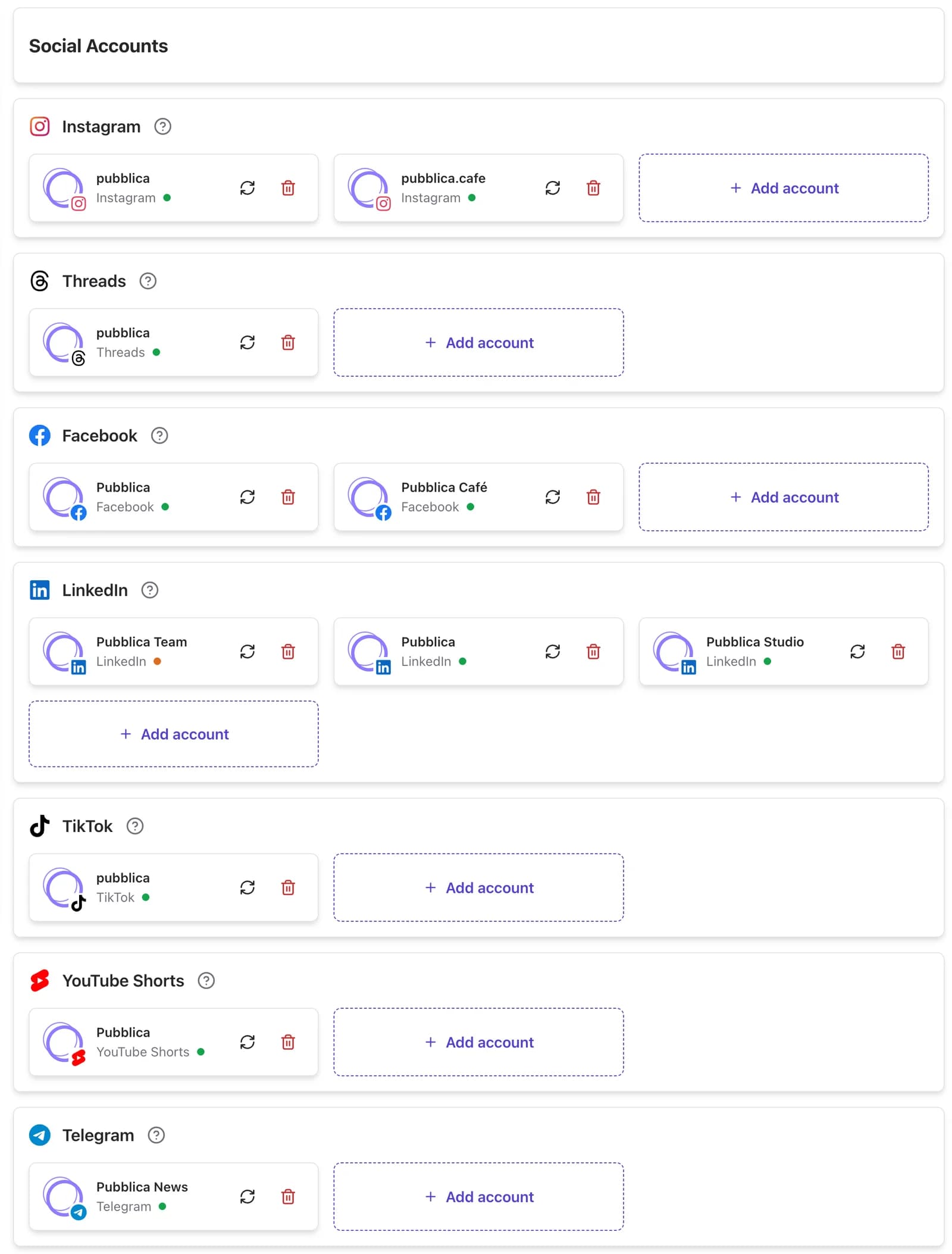 Pubblica accounts page with two Instagram accounts, several LinkedIn and Facebook Pages and a Telegram channel, each with its connection status