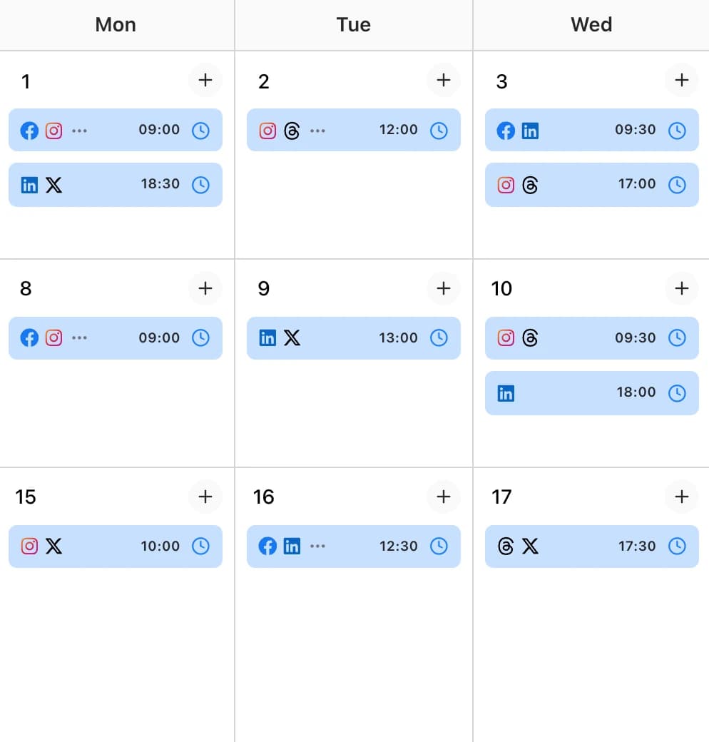 Pubblica calendar with two weeks of scheduled posts, each marked with its networks and time