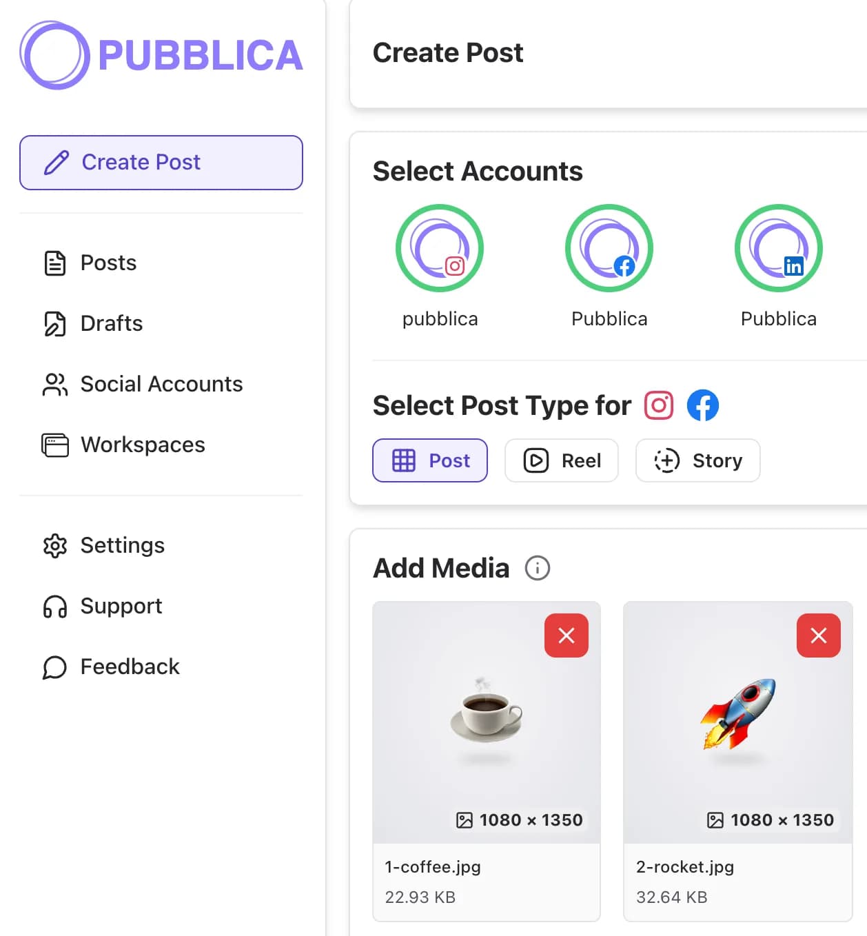 Pubblica dashboard: a short sidebar menu next to the post composer