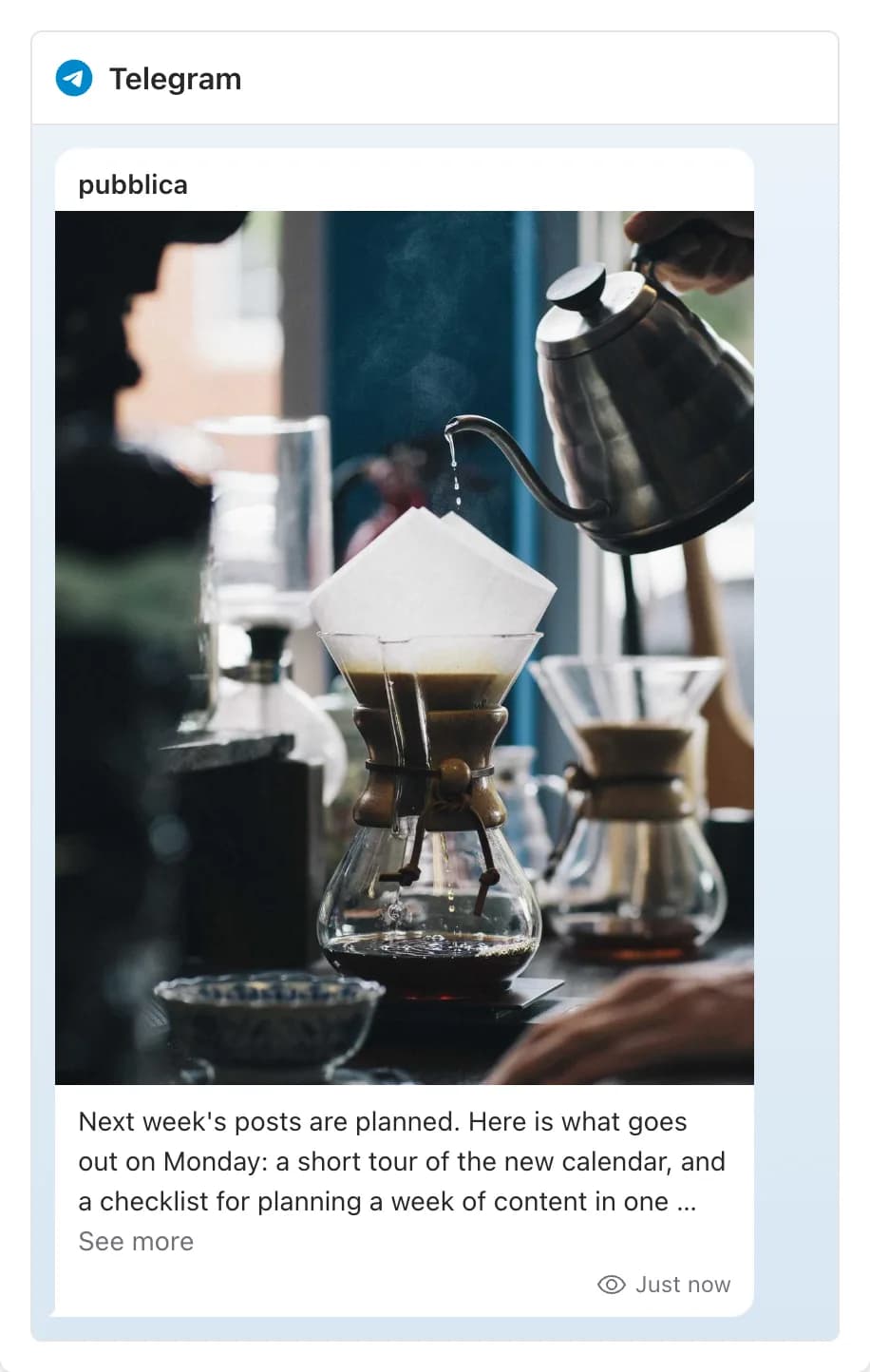 Pubblica preview of a scheduled Telegram channel post with a photo and a caption